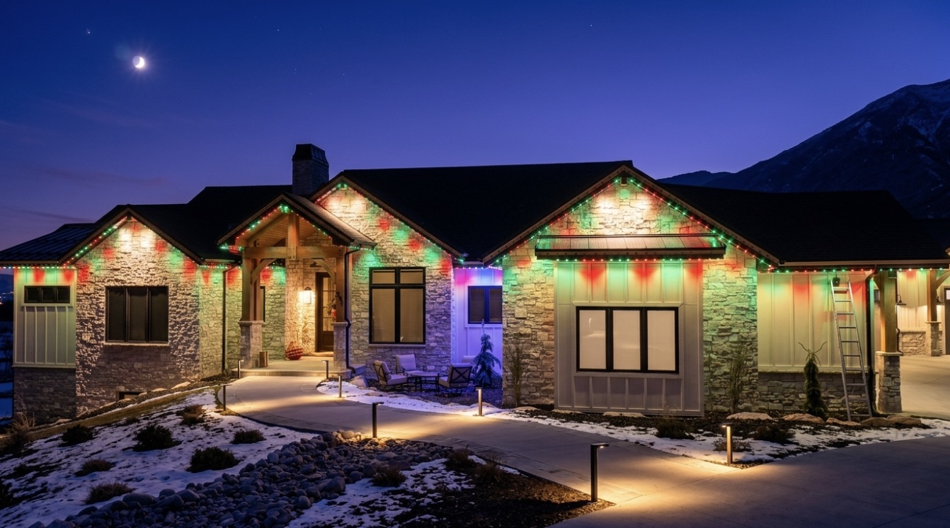 Stone mountain home lit in red and green with landscape uplighting, framed by snow and mountains
